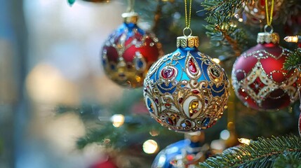 Vibrant decorations dangle from an elegantly adorned tree, featuring elaborate designs that elevate the celebratory spirit.