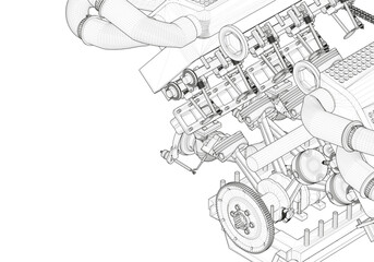 Black V-shaped car engine on white background.