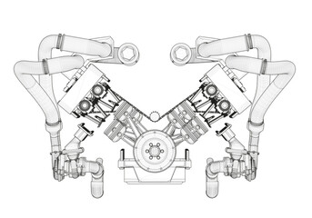 Black V-shaped car engine on white background.
