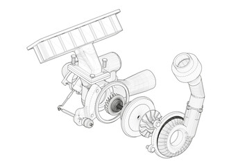 Black V-shaped car engine on white background.