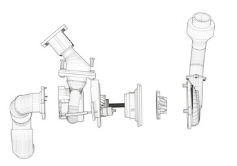 Black V-shaped car engine on white background.