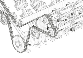 Black V-shaped car engine on white background.