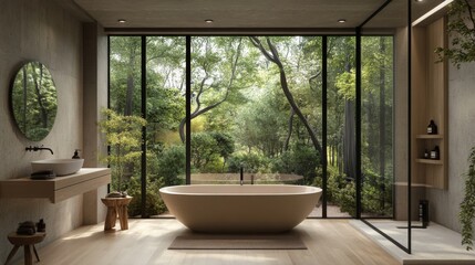 Fototapeta premium Modern bathroom with large windows overlooking a lush green forest.