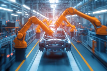 Naklejka premium An automated robot system securing the chassis to a car body