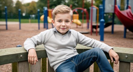 Obraz premium German kid boy in casual sweater and jeans relaxed expression portrait photo playground background