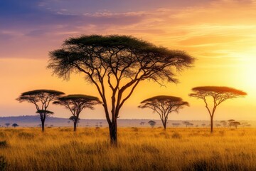 A vast savannah landscape at sunset, golden grasses swaying in the breeze, with acacia trees silhouetted against the horizon