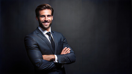 Man in a black suit stands with his arms crossed on a black background.