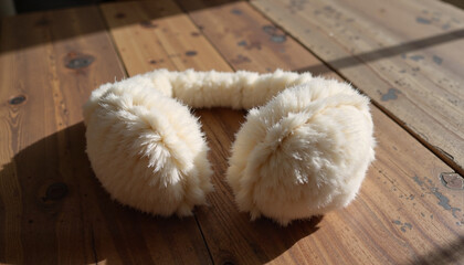 Fototapeta premium Fluffy white earmuffs on wooden table in sunlight