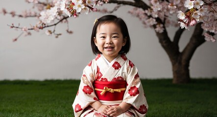 Japanese toddler girl in kimono smiling portrait photo cherry blossom background