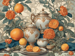 still life with tea and fruits
