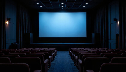 Fototapeta premium Empty movie theater with a blank screen and rows of red seats, movie premieres