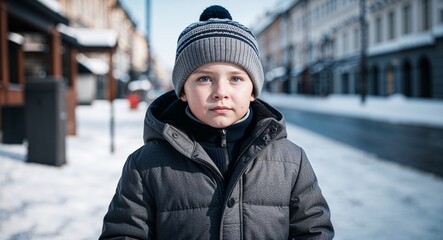 Russian child boy in a winter coat and hat neutral expression portrait photo snowy street background