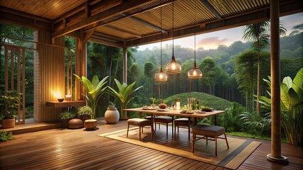 Fototapeta premium Romantic Dinner in a Bamboo Eco House Surrounded by Night Jungle Serenity
