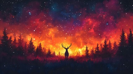 Obraz premium A majestic deer stands silhouetted against a vibrant, cosmic night sky, filled with stars and rich colors, surrounded by dark forest silhouettes.