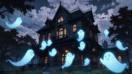 Glowing Anime Ghosts Floating Around a Dark Gothic Mansion at Night