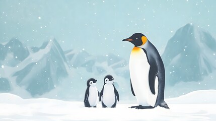 Fototapeta premium A charming scene of an emperor penguin with its two chicks in a snowy landscape, reflecting the beauty of Antarctic wildlife.