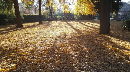 Obraz premium Autumn Park Scene with Golden Leaves and Sunlight