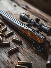 Obraz premium A finely crafted firearm rests on a wooden surface, accompanied by its meticulously arranged ammunition, highlighting its exquisite design and artistry.