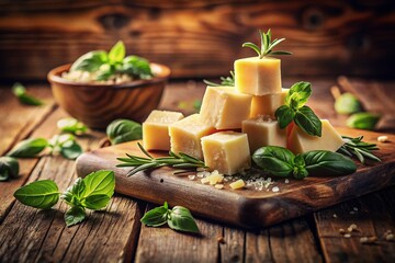 Rustic Vintage Style Photography of Fresh Parmesan Cubes with Herbs on Wooden Board