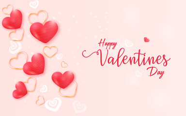 Valentines Day background and banner design with 3d red and gold hearts