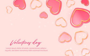 Valentines Day background and banner design with pink and gold hearts on a light pink background