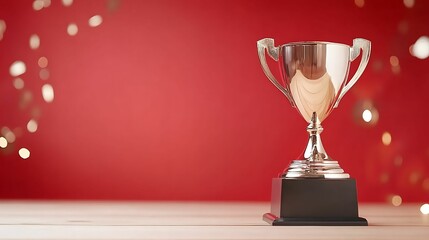 A shiny silver trophy placed on a wooden surface with a vibrant red backdrop, symbolizing achievement, success, and recognition in competitions or events.