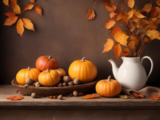 pumpkins and autumn leaves still life