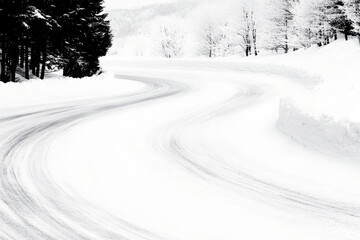 Snowy winter road with curved tracks in a tranquil forest landscape