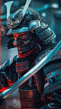 a samurai wearing an oni mask and futuristic samurai armour