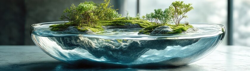 Close-up of a sleek, floating island with crystal-clear waters, minimalist dishes crafted from rare, fantastical ingredients, captivating visuals