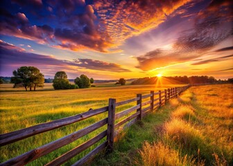 Obraz premium Scenic Sunset Over a Fence in the Field with Dynamic Shadows