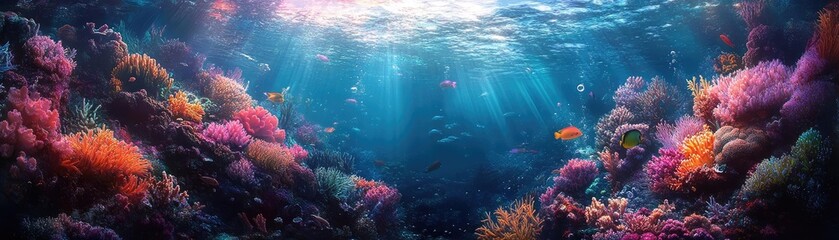 Fototapeta premium Tilted view of a fantasy ocean realm, ethereal creatures swimming amidst glowing coral, surreal lighting