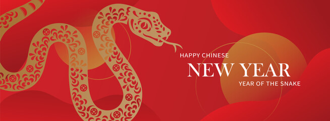 Happy Chinese new year banner with snake on red background. Vector illustration for posters, flyers, greeting cards, banner, invitation.