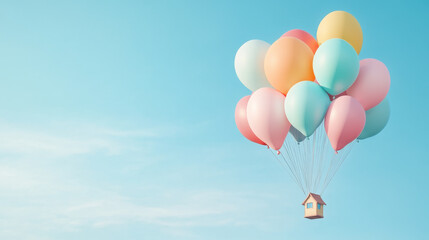 Obraz premium Whimsical house floating with colorful balloons against a clear sky