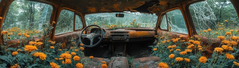 Fototapeta premium Worms-eye view of rusted vehicles overtaken by nature, vibrant flowers bursting through shattered glass, haunting beauty of desolation