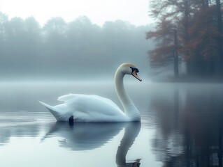 Fototapeta premium majestic white swan gliding gracefully on a serene lake enveloped in soft fog, the tranquil waters reflecting the muted hues of a winter morning sky