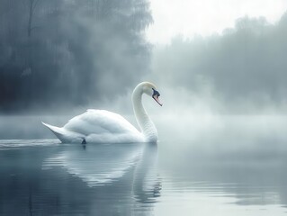Fototapeta premium majestic white swan gliding gracefully on a serene lake enveloped in soft fog, the tranquil waters reflecting the muted hues of a winter morning sky