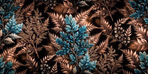 Naklejka premium Seamless Pattern of Blue Herbal Silhouettes in Double Exposure Style for Nature-Inspired Design Projects