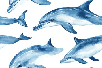 Obraz premium Watercolor seamless pattern of dolphins, isolate on white background.