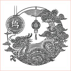 lunar new year Chinese dragon Dragon with round shield  out vector silhouette