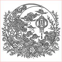 lunar new year Chinese dragon Dragon with round shield  out vector silhouette