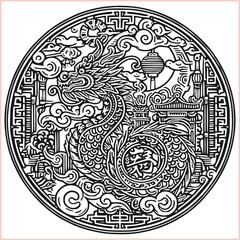 lunar new year Chinese dragon Dragon with round shield  out vector silhouette
