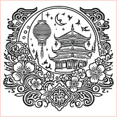 lunar new year Chinese dragon Dragon with round shield  out vector silhouette