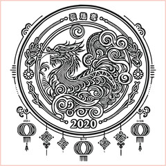 lunar new year Chinese dragon Dragon with round shield  out vector silhouette