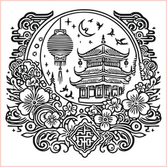 lunar new year Chinese dragon Dragon with round shield  out vector silhouette