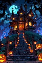 Creepy Haunted Mansion Surrounded by Twisted Trees and Glowing Pumpkins Under the Moonlight