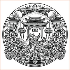 lunar new year Chinese dragon Dragon with round shield  out vector silhouette