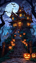 Creepy Haunted Mansion Surrounded by Twisted Trees and Glowing Pumpkins Under the Moonlight