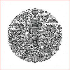 lunar new year Chinese dragon Dragon with round shield  out vector silhouette