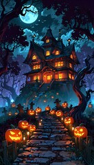 Creepy Haunted Mansion Surrounded by Twisted Trees and Glowing Pumpkins Under the Moonlight